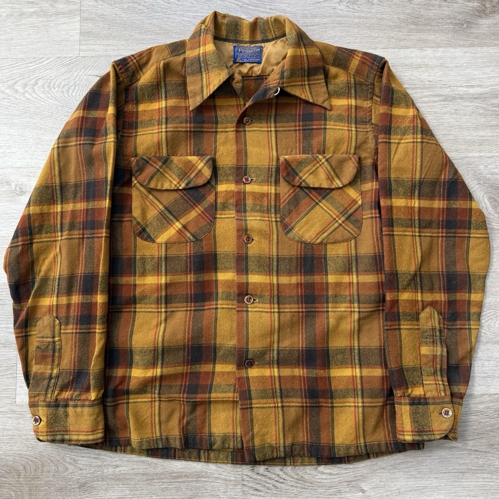 Vintage 60s Pendleton Loop Collar Shadow Plaid Wool Flannel Shirt USA Made Sz M